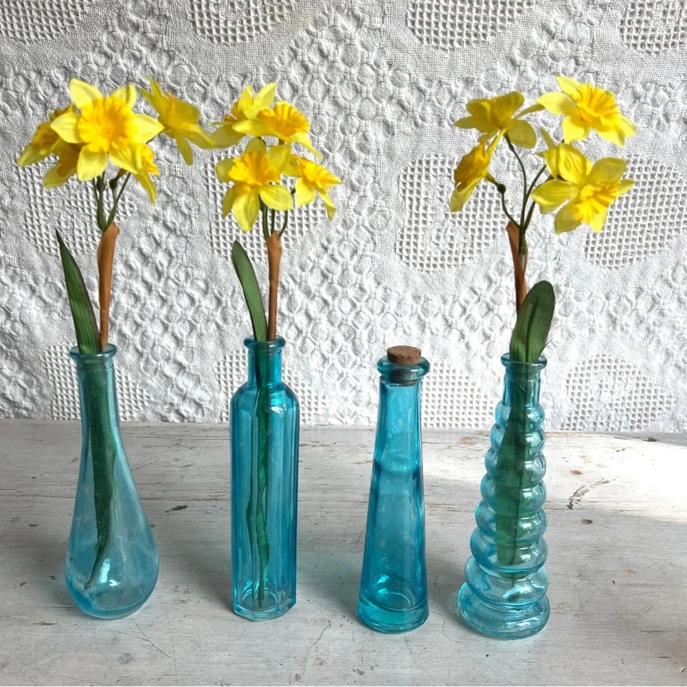 70s VINTAGE Aqua Glass Bottles Table Decor Wedding Birthdays Showers $29 each